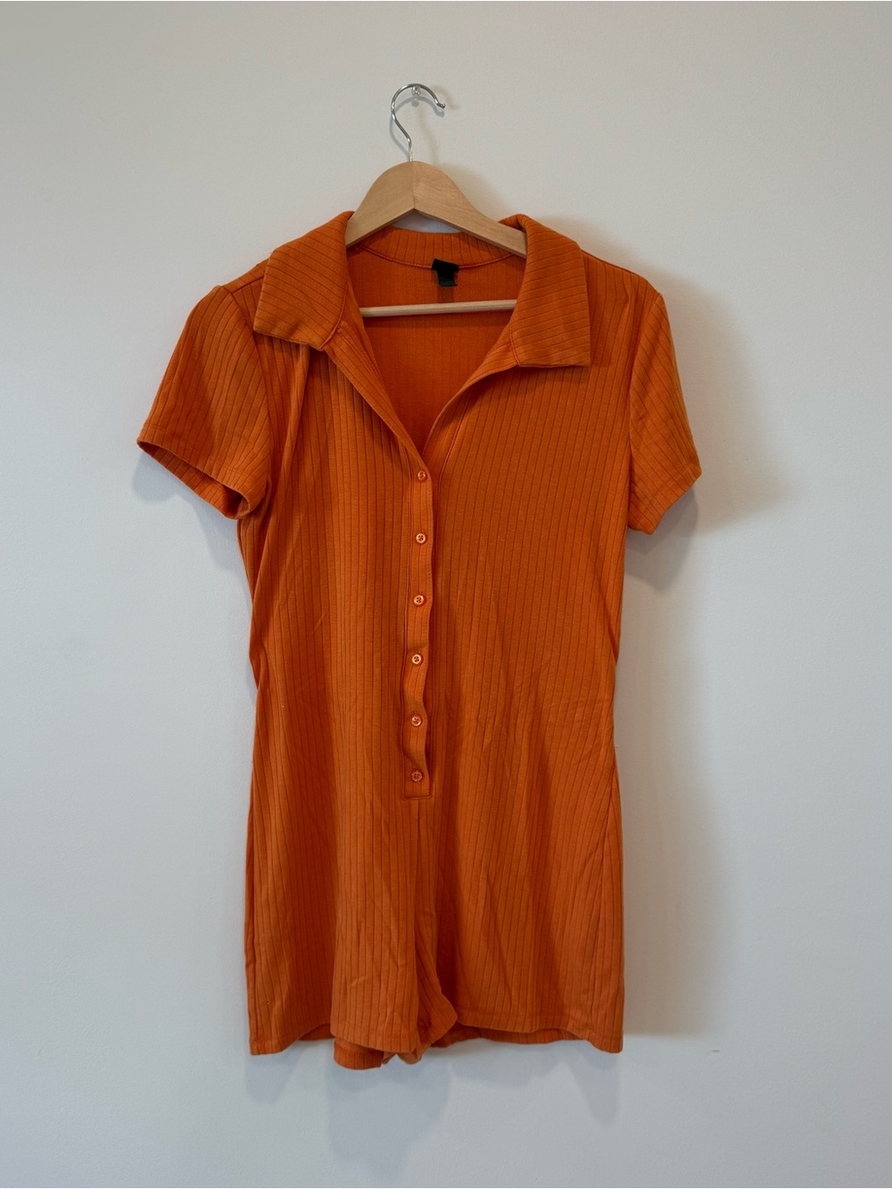 Women's Orange Ribbed Collared Short Sleeve Romper